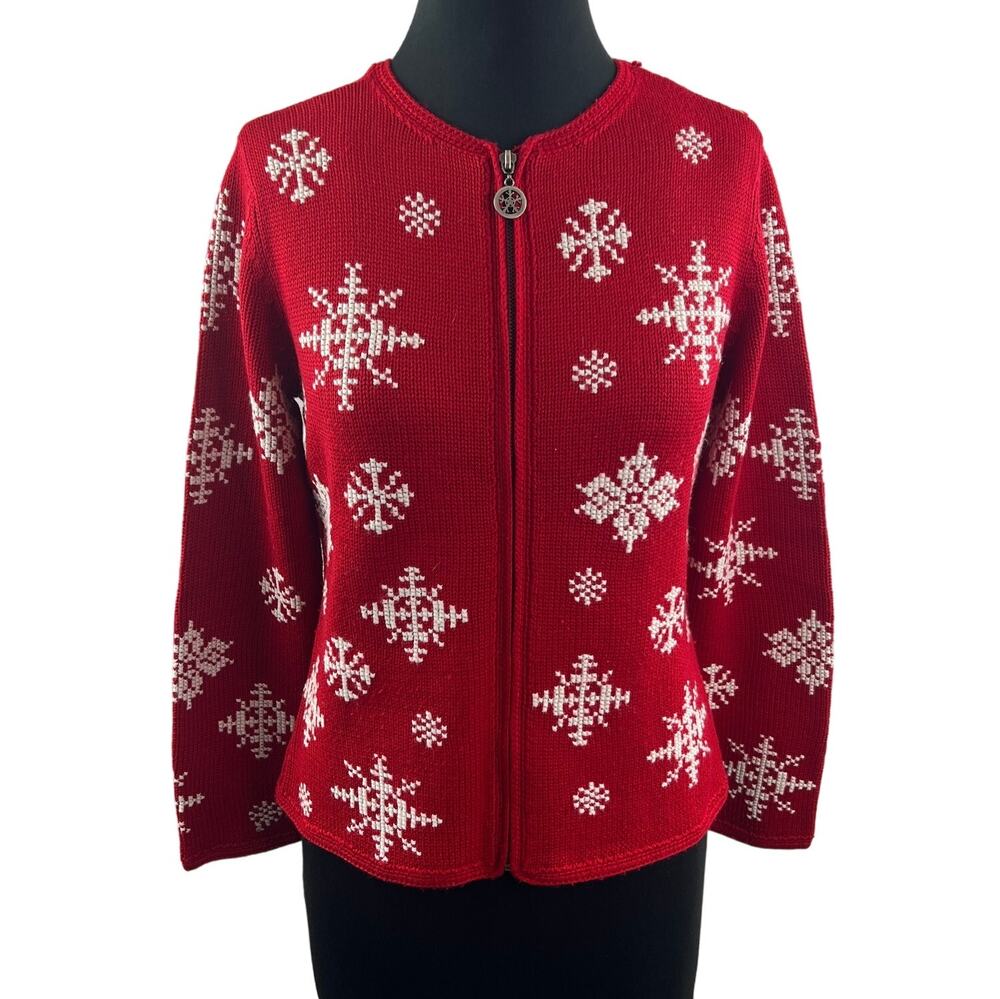 Petite Sophisticate Red White Cardigan Sweater Knit Snowflake Full Zip Small S